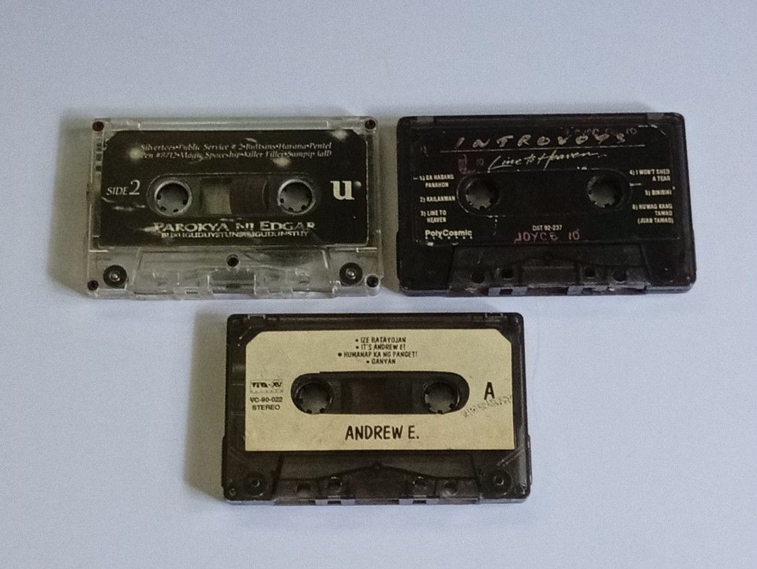 3 Iconic Cassette Tapes (Category: CDs & DVDs) located in Lipa City. Submitted by mark_collections (Listing ID 1442997119, Image 2). Description: 3 Iconic Cassette Tapes (no case and inlay) - Parokya ni Edgar (Buruguduyistunstugudunstuy) - Andrew E. (Humanap Ka ng Panget) - Introvoys (Line to Heaven) Mode of Payment: Gcash.