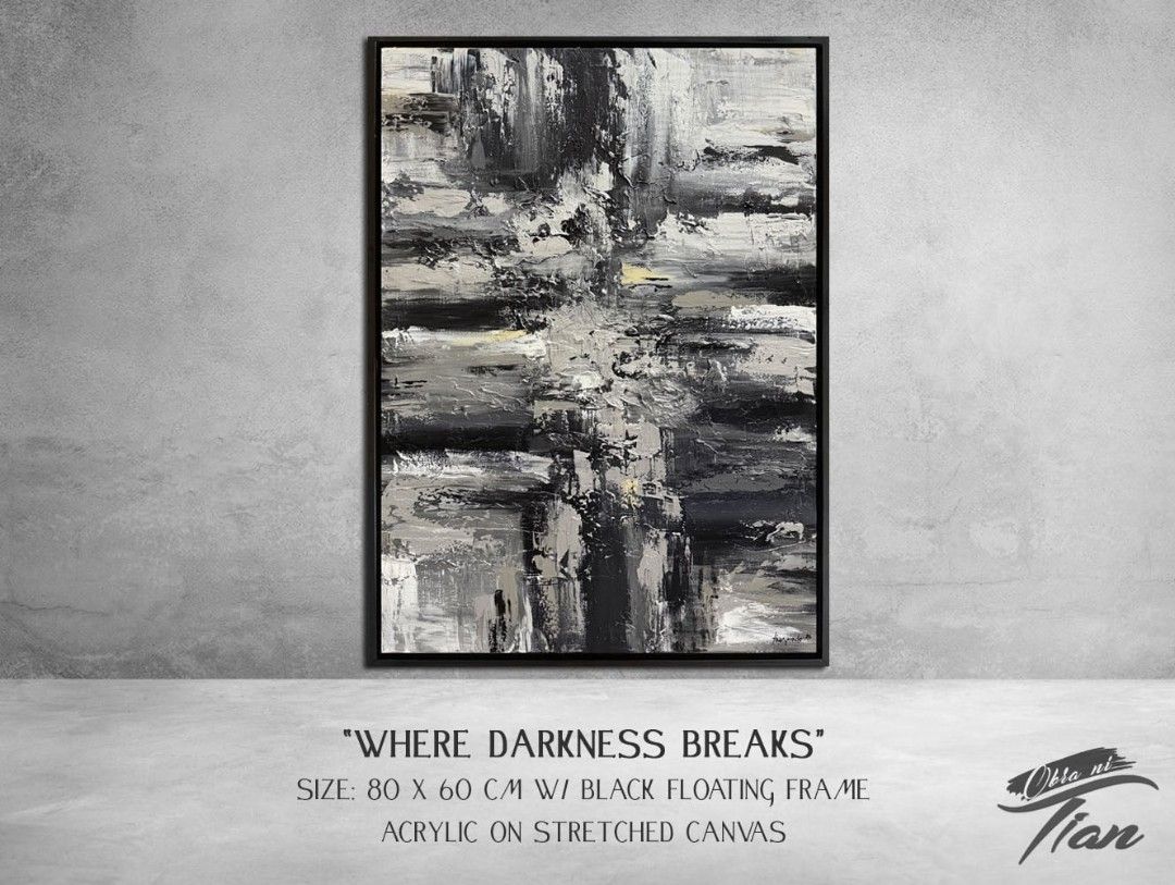 Abstract Painting "Where Darkness Breaks" (Category: Art & Prints) located in Quezon City. Submitted by obranitian (Listing ID 1442988635, Image 1). Description: Size: 80 x 60 cm Acrylic paint with varnish finishing On stretched black floating frame With COA Ready to Display Pm me for details..