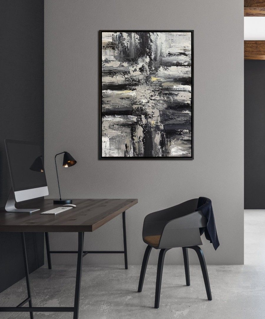 Abstract Painting "Where Darkness Breaks" (Category: Art & Prints) located in Quezon City. Submitted by obranitian (Listing ID 1442988635, Image 2). Description: Size: 80 x 60 cm Acrylic paint with varnish finishing On stretched black floating frame With COA Ready to Display Pm me for details..
