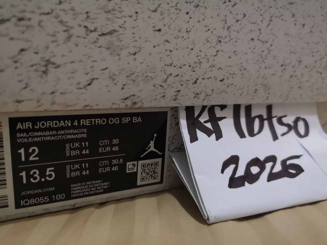 Air Jordan 4 Nigel Sylvester (12) (Category: Sneakers) located in Mandaluyong City. Submitted by frost_bi (Listing ID 1442986159, Image 2). Description: Air Jordan 4 Retro OG SP BA. Sail/Cinnabar/Anthracite. Men's US 12. Original box included..