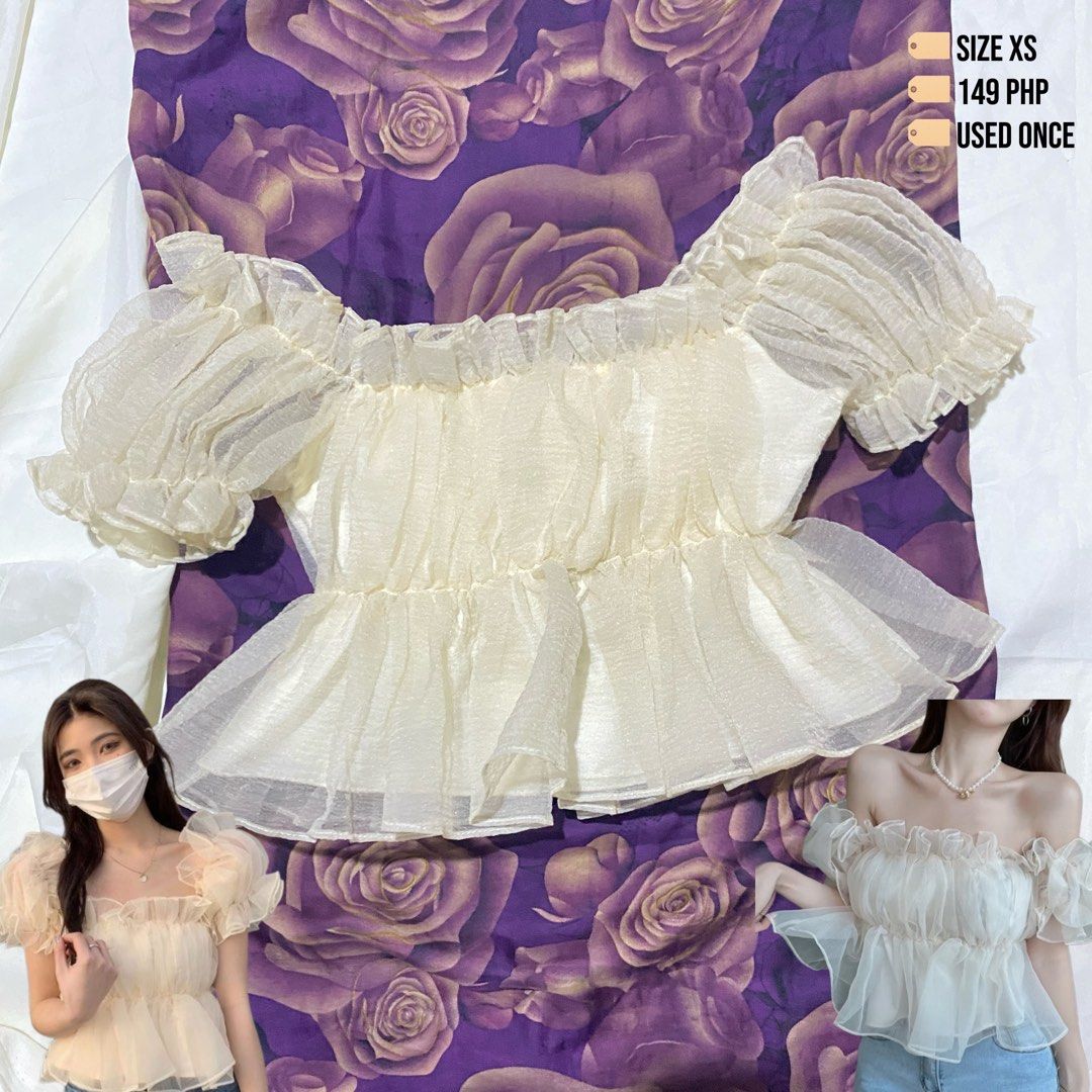 Apricot Off-Shoulder Ruffle Puff Sleeve Top (Category: Blouses) located in Valenzuela. Submitted by grasyahh (Listing ID 1443036807, Image 3). Description: 🏷️ used once 🏷️ size xs .