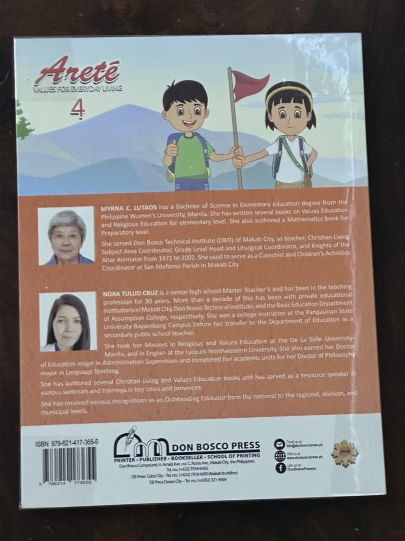 Areté Values For Everyday Living Grade 4 (Category: Textbooks) located in Bulacan. Submitted by tin_ph (Listing ID 1443048439, Image 2). Description: - Textbook Title: Areté Values For Everyday Living - Grade Level: 4 - Edition: New Edition - Publisher: Salesiana Books, Don Bosco Press Inc. - Curriculum Compliance: DepEd 2023 MATATAG Curriculum Compliant - Ideal for values education *randomly checked no writing*.