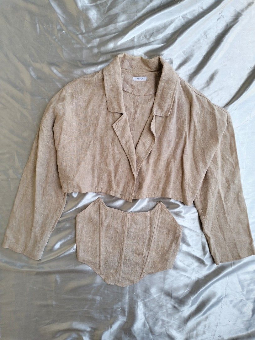 Beige Linen Blend Blazer and Corset Top Set (Category: Sets or Coordinates) located in Manila. Submitted by itscthxneeee (Listing ID 1442967745, Image 1). Description: - Beige linen blend blazer and corset top set - Relaxed fit blazer with lapel collar - Structured corset top with boning details - Breathable fabric, perfect for warm weather - Versatile: wear the set together or separately - Creates a chic, put-together look - Small up to medium.