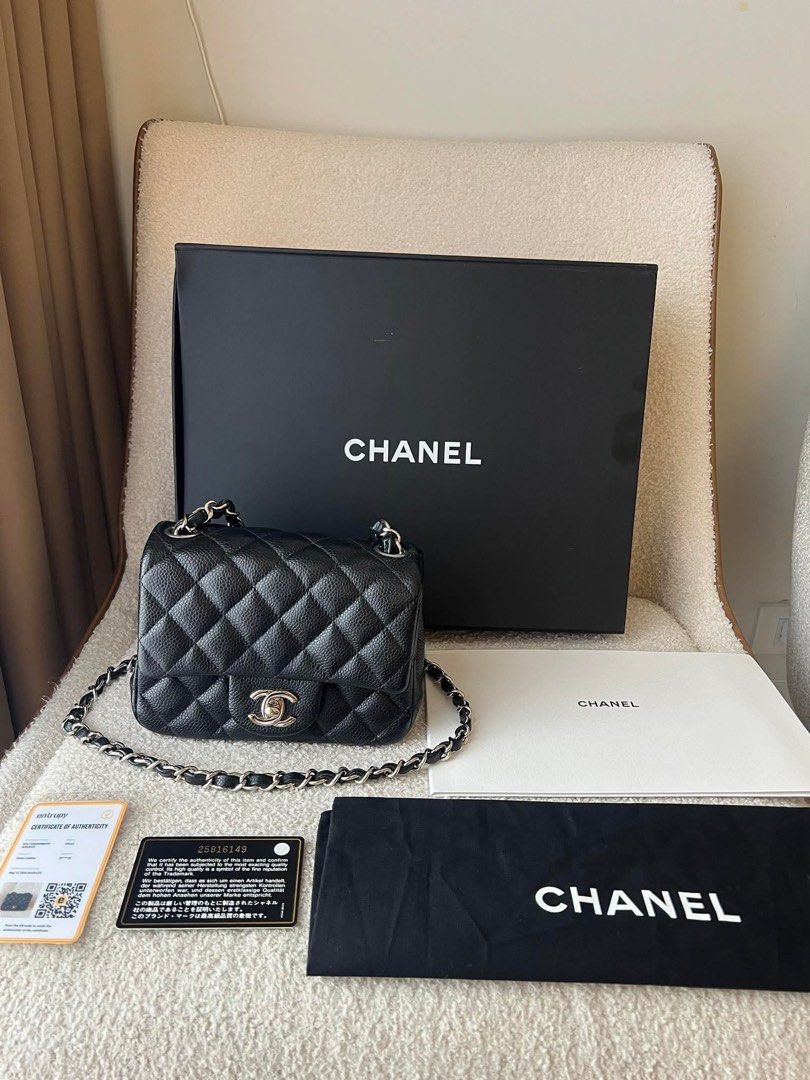 FASTBREAK! Chanel Classic Flap Mini Square Bag Black Caviar Leather (Category: Luxury Bags & Wallets) located in Rizal. Submitted by iamrissa (Listing ID 1443026049, Image 1). Description: - Authentic Chanel Mini Flap Bag - Color: Black - Material: Caviar Leather - Hardware: Silver - Features: Classic quilted design - Includes: Authenticity Card, dustbag, provided box, Entruphy certificate - Versatile: Ideal for evening events or everyday use - C
