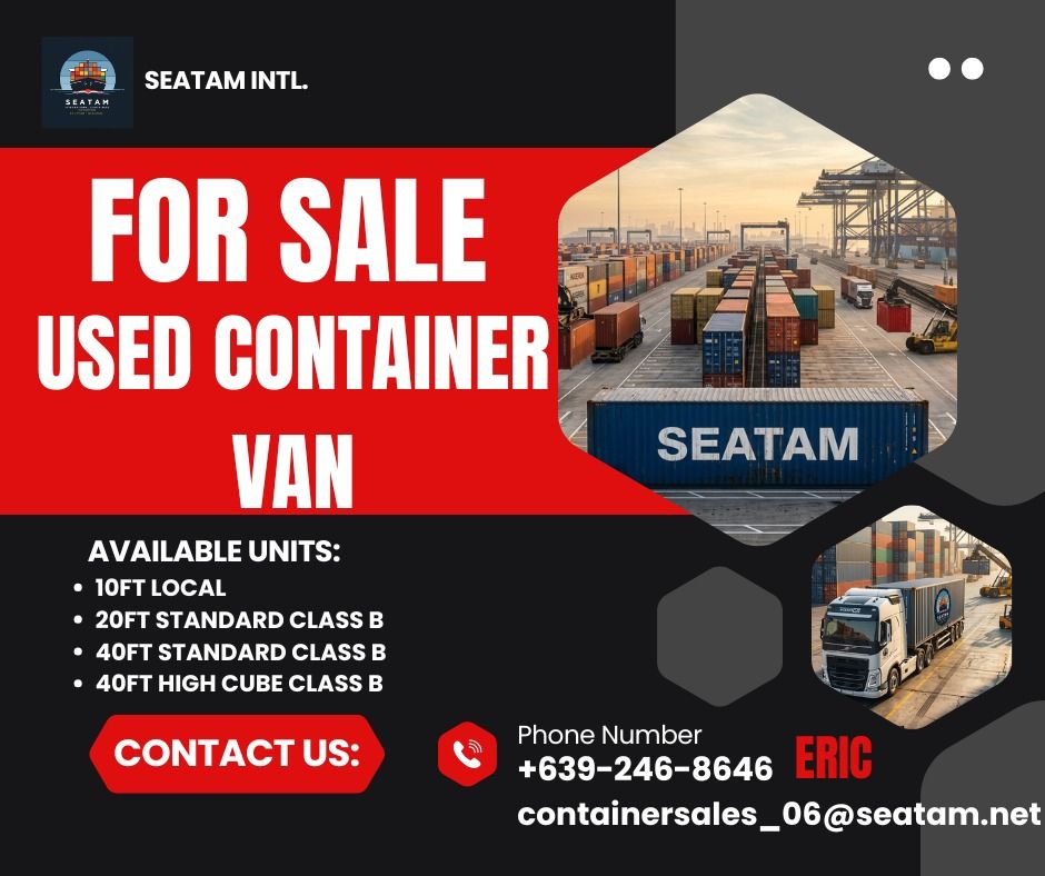 CLASS B CONTAINER VANS (Category: Construction & Building Materials) located in Caloocan City. Submitted by seatam_eric (Listing ID 1442927561, Image 1). Description: LOOKING FOR USED SHIPPING CONTAINERS!? We got you! Available sizes: 20ft, 40ft, and 40HC. Drop us a message for pricing and details! Contact No: 0956-246-8646 E-mail Add: containersales_06@seatam.net Look for: ERIC.