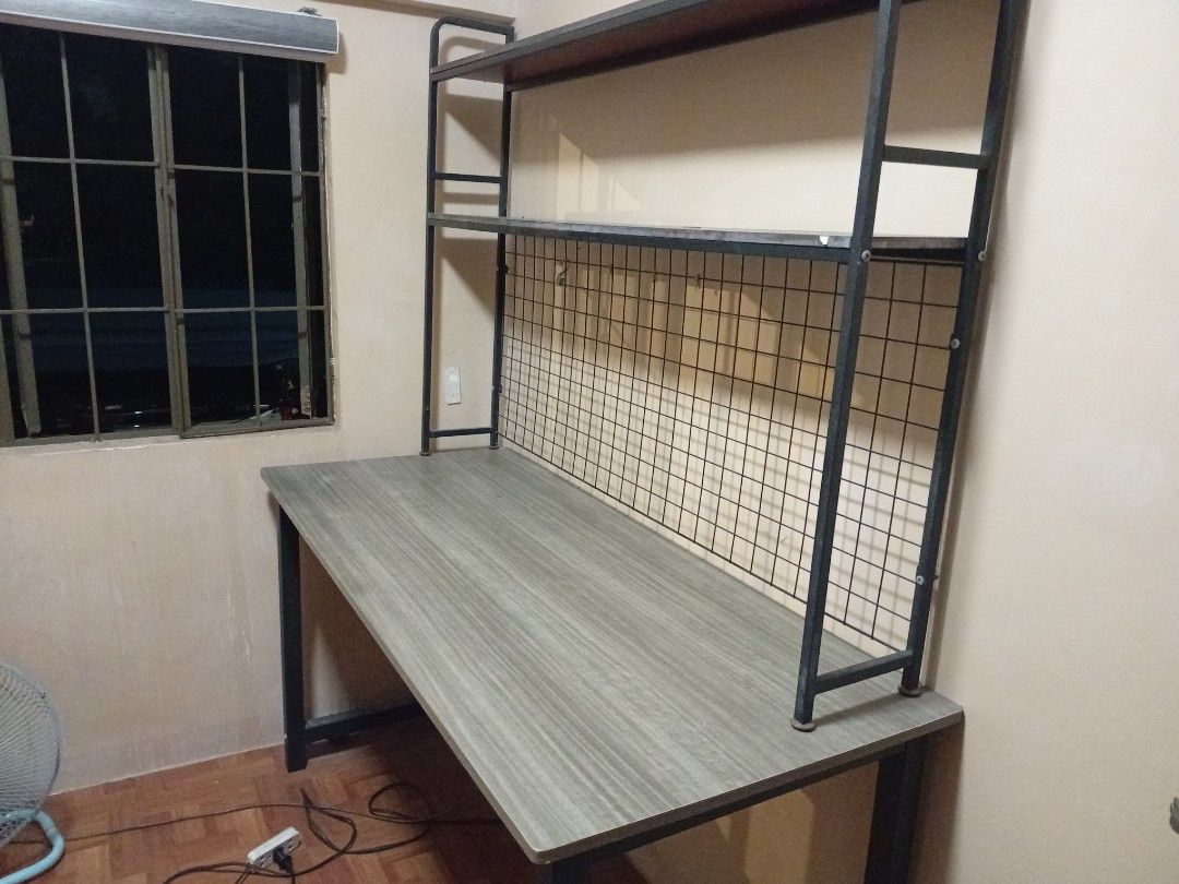 Computer/study table with desk hutch (Category: Tables & Sets) located in Manila. Submitted by boniboniboni (Listing ID 1443057264, Image 3). Description: 140x74x60 thick wood table with 135x20x90 two layer desk hutch.