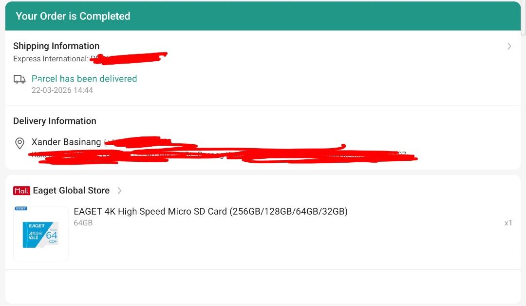 EAGET 64GB Micro SD Card (Category: Other Accessories) located in General Trias. Submitted by jjang_haoszn (Listing ID 1443058711, Image 2). Description: - Used for storing my Action Camera Videos - Barely used it since I bought it - Capacity tested on H2TestW RFS: Need urgent funds. Loc: General Trias, Cavite.