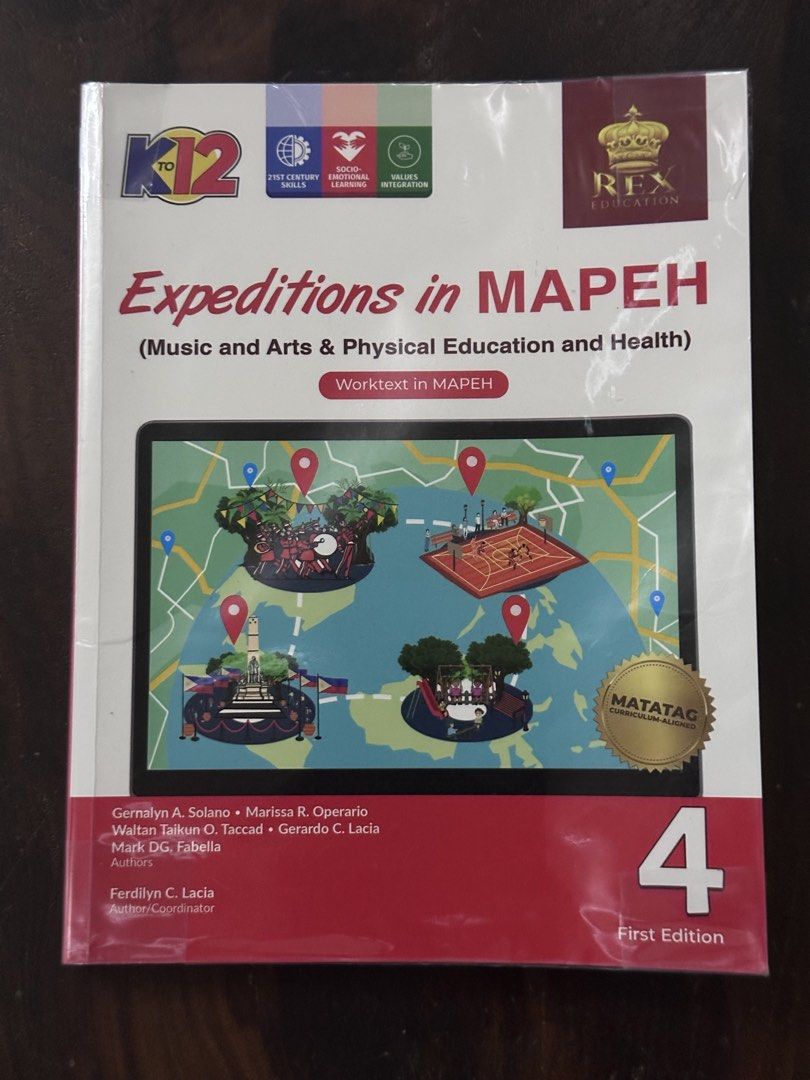Expeditions in MAPEH 4 Worktext - Rex Education (Category: Textbooks) located in Bulacan. Submitted by tin_ph (Listing ID 1443066584, Image 1). Description: - Expeditions in MAPEH Worktext - Grade 4, First Edition - Published by Rex Education - Covers Music, Arts, Physical Education, and Health lessons and activities - Note: Some pages contain handwritten notes and answers.