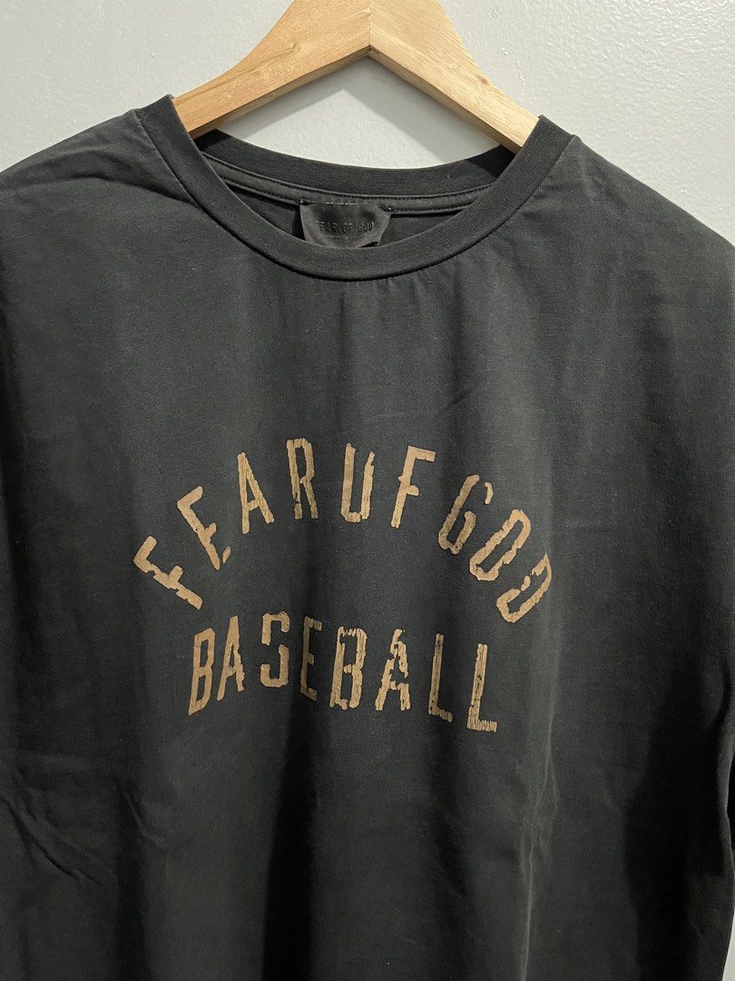 Fear of God Baseball Tshirt (Category: Tshirts & Polo Shirts ) located in Manila. Submitted by mkjah (Listing ID 1443074798, Image 2). Description: Fear of God Baseball Tee Oversize Tee Distressed beige lettering Size: medium (W) 23.5 (L) 27.5 (Sh) 23 (9) Color may vary due to lighting Ready to wear 🧼 Price: 400 plus shipping Please manage your expectations before placing your order. Please note that there may be stains or anything. the pictures