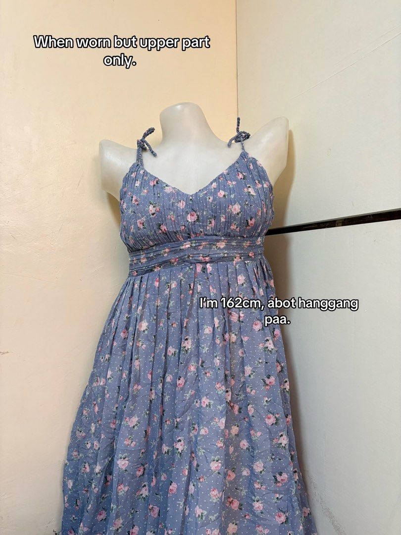 Floral Maxi Dress with Adjustable Straps (Category: Dresses) located in Taguig. Submitted by odd_poesis (Listing ID 1443025818, Image 2). Description: - Light blue floral print maxi dress - Adjustable tie straps - Gathered bust detail - Comfortable elasticated waist - Padded - Length hits around the ankle (for 162cm height) - Available sizes: M (PHP 149), L (PHP 159) - Product Code: Selftie.