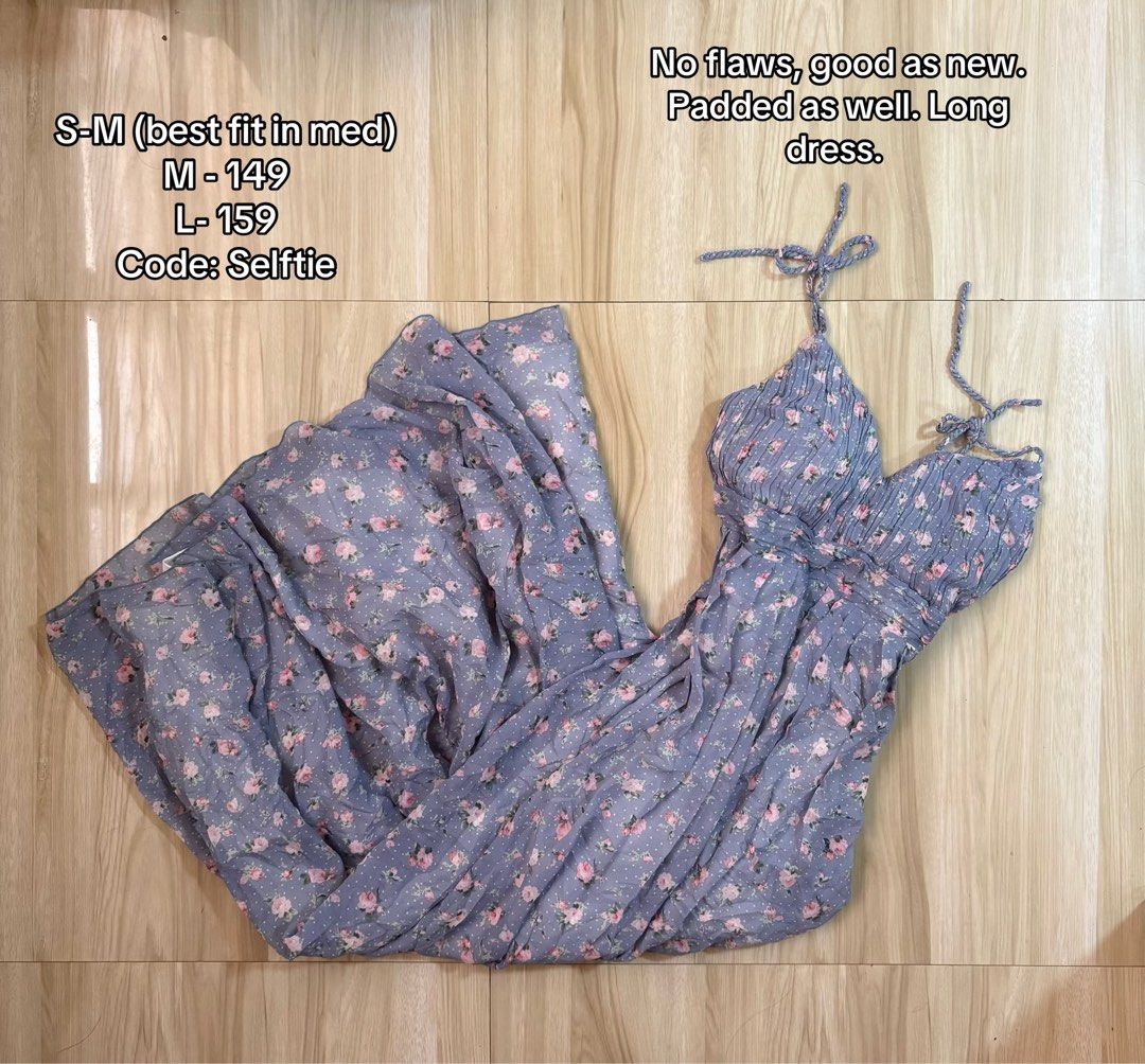 Floral Maxi Dress with Adjustable Straps (Category: Dresses) located in Taguig. Submitted by odd_poesis (Listing ID 1443025818, Image 1). Description: - Light blue floral print maxi dress - Adjustable tie straps - Gathered bust detail - Comfortable elasticated waist - Padded - Length hits around the ankle (for 162cm height) - Available sizes: M (PHP 149), L (PHP 159) - Product Code: Selftie.