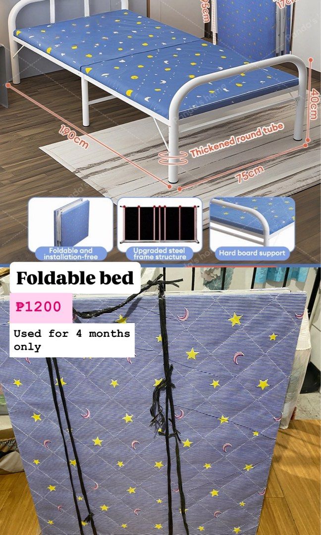 Foldable Bed - 190x75x40cm (Category: Bed Frames & Mattresses) located in Manila. Submitted by gelle.02 (Listing ID 1443102855, Image 2). Description: - Foldable bed with built-in (hard) mattress - Dimensions: 190cm (L) x 75cm (W) x 40cm (H) - Built-in Mattress: Blue with cute moon and star pattern - Frame: Upgraded thickened round steel tube for durability - Easy to use: Foldable and installation-free - Condition: Used for only 4 months; visible