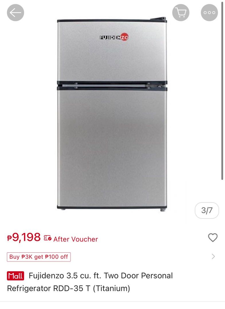 Fujidenzo Two Door Personal Refrigerator (Category: Refrigerators and Freezers) located in Pasig City. Submitted by supershobe (Listing ID 1443003109, Image 1). Description: - Finish: Titanium - Ideal for small spaces - Keeps food and drinks cool - Price: P9,198 .