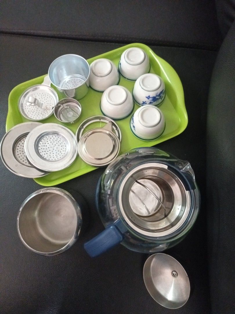 Glass Teapot with Cups and Strainers