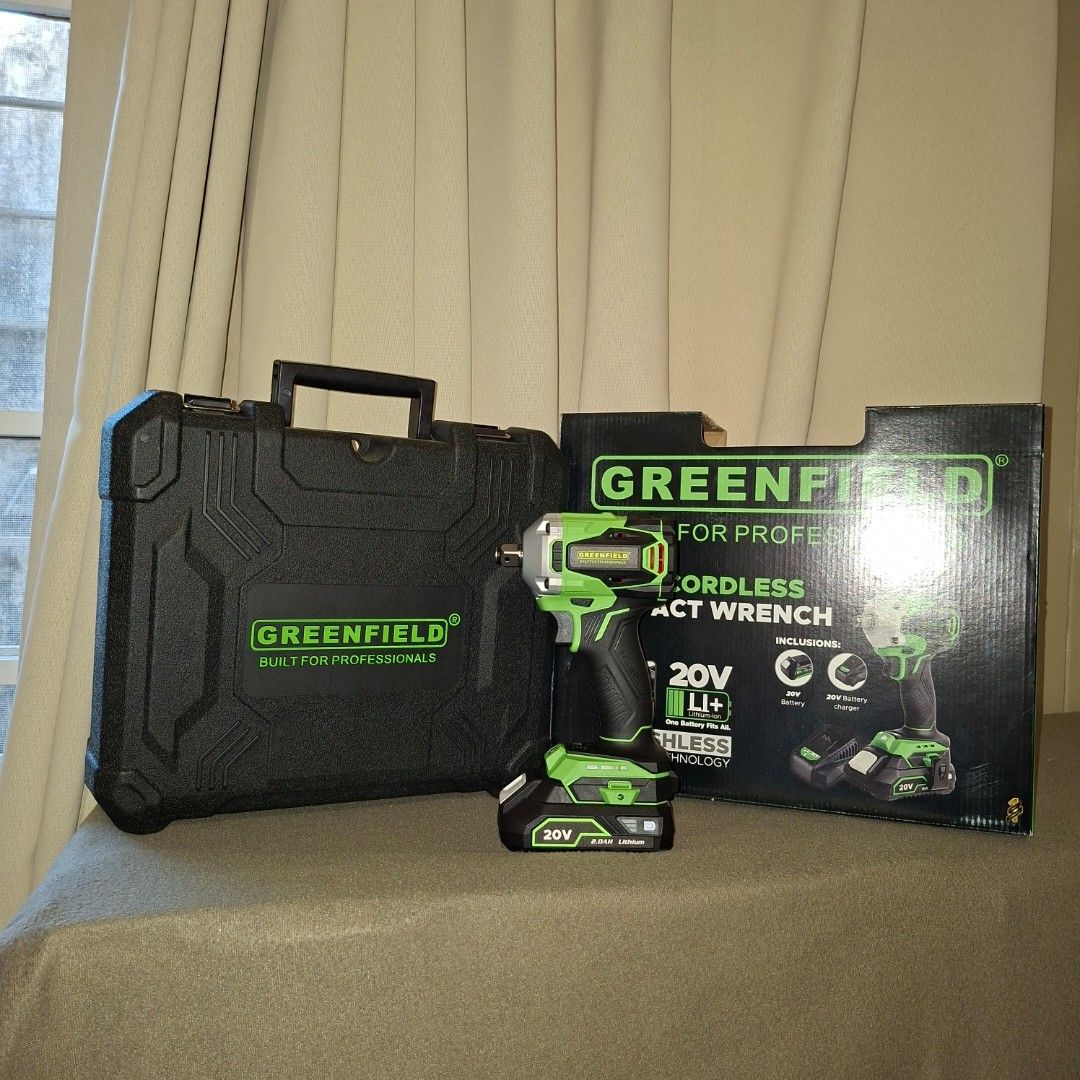 Greenfield 20V Cordless Impact Wrench with Case (Category: Construction Tools & Equipment) located in Pasig City. Submitted by mr.bargaindeal (Listing ID 1443067047, Image 2). Description: - Greenfield 20V Cordless Impact Wrench - Includes: Tool, Battery, Charger - Comes with a sturdy carrying case - Ideal for DIY projects and professional use - Built for demanding professional applications.