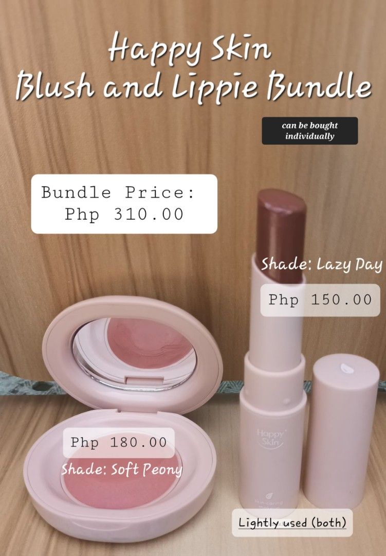 Happy Skin Blush + Lippie (Category: Makeup) located in Manila. Submitted by _gie_ (Listing ID 1442970171, Image 1). Description: ‼️PRICES ARE SLIGHTLY NEGOTIABLE‼️ - Happy Skin Blush & Lippie Bundle - Blush Shade: Soft Peony - Lippie Shade: Lazy Day - Condition: Lightly used - Bundle Price: Php 310.00 - Individual Price (Blush): Php 180.00 - Individual Price (Lippie): Php 150.00.