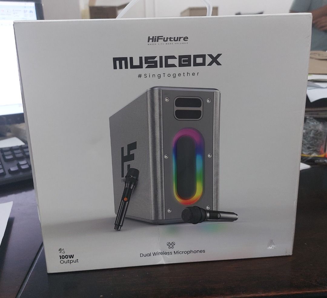 HIFUTURE MUSICBOX - with DUAL WIRELESS MICROPHONES (Category: Portable Music Players) located in Caloocan City. Submitted by charlie232a66 (Listing ID 1442947381, Image 1). Description: Wireless speaker with 2 microphone.