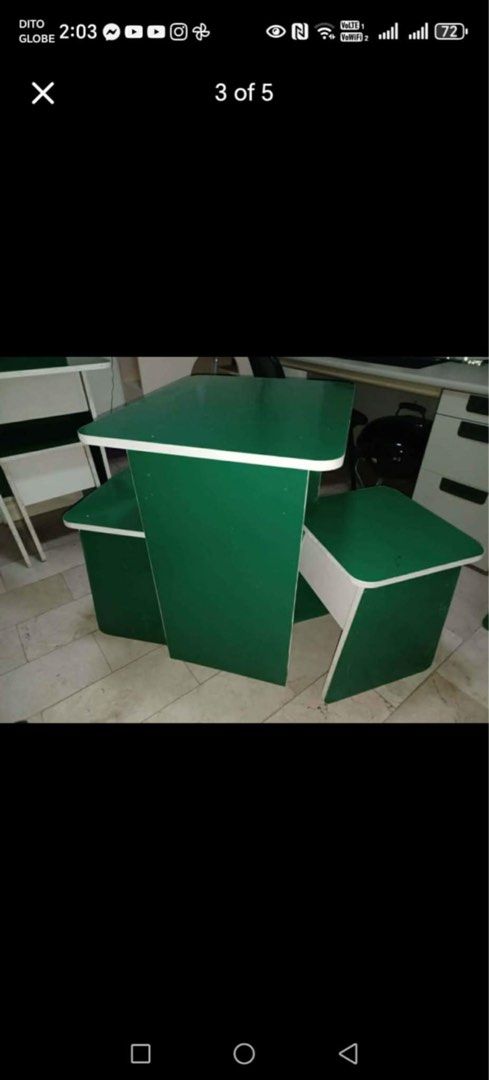 Indoor Wooden Table and 2 Chairs Set (Category: Tables & Sets) located in Caloocan City. Submitted by dukeofatreides (Listing ID 1442947026, Image 2). Description: - Adorable green and white wooden table and chair set. - Perfect for kids' activities, crafts, or a compact workspace. - Set includes: 1 table and 2 chairs. - Table Dimensions: 30 inches (Height) x 20 inches (Width) x 24 inches (Depth). - Chair Dimensions: 19 inches (Height) x 14 inche