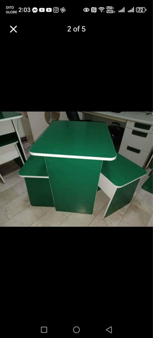 Indoor Wooden Table and 2 Chairs Set (Category: Tables & Sets) located in Caloocan City. Submitted by dukeofatreides (Listing ID 1442947026, Image 1). Description: - Adorable green and white wooden table and chair set. - Perfect for kids' activities, crafts, or a compact workspace. - Set includes: 1 table and 2 chairs. - Table Dimensions: 30 inches (Height) x 20 inches (Width) x 24 inches (Depth). - Chair Dimensions: 19 inches (Height) x 14 inche