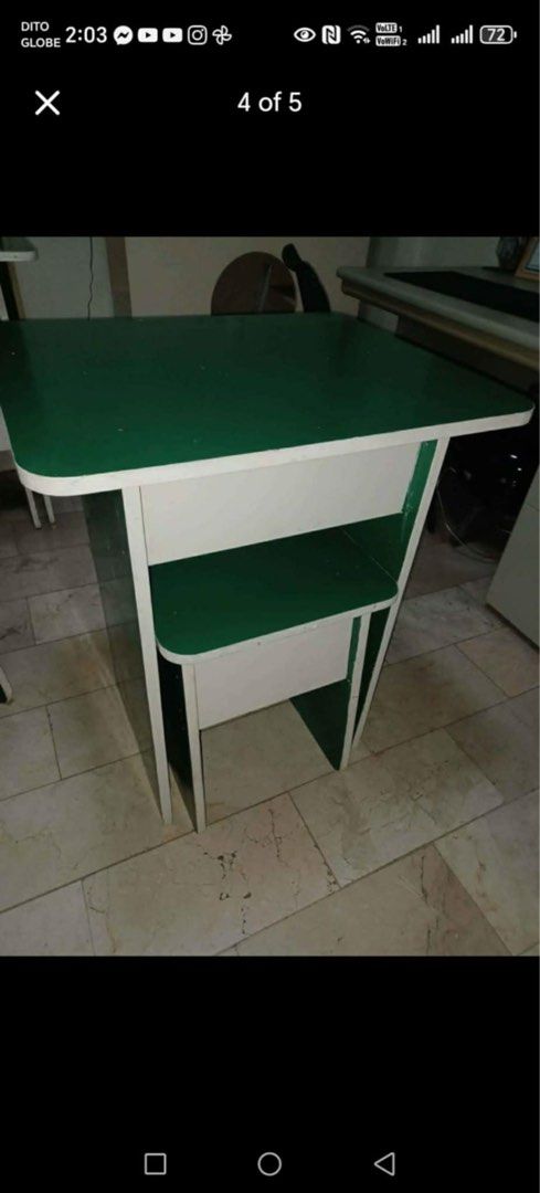 Indoor Wooden Table and 2 Chairs Set (Category: Tables & Sets) located in Caloocan City. Submitted by dukeofatreides (Listing ID 1442947026, Image 3). Description: - Adorable green and white wooden table and chair set. - Perfect for kids' activities, crafts, or a compact workspace. - Set includes: 1 table and 2 chairs. - Table Dimensions: 30 inches (Height) x 20 inches (Width) x 24 inches (Depth). - Chair Dimensions: 19 inches (Height) x 14 inche