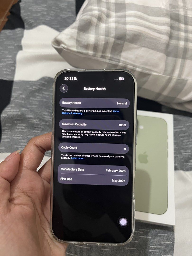 iPhone 17 Sage Green 256gb (Category: iPhone 17 Series) located in Santo Tomas. Submitted by jans8811 (Listing ID 1443057056, Image 3). Description: •Under warranty: until May 2027 •100% Battery Health •Any Sim type Working •Super bago pa ang condition RFS: hindi masyado magamit kasi may main phone na iphone13 na mag2yrs pa lang. tinatamad magtransfer ng data sa bagong phone. for more details, call/text 09360889588.