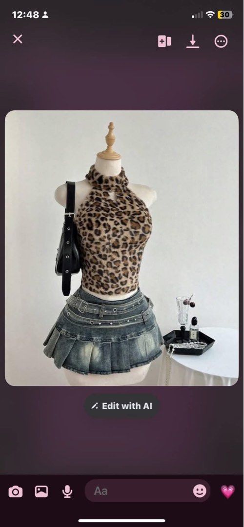 Leopard Print Halter Top & Pleated Denim Skirt Set (Category: Sets or Coordinates) located in Manila. Submitted by joanamae_ (Listing ID 1442962005, Image 1). Description: .