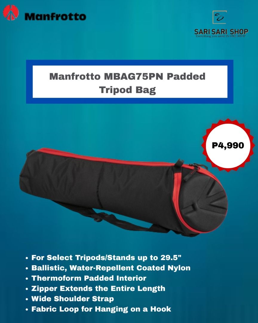 Manfrotto MBAG75PN Padded Tripod Bag (Category: Camera Bags & Carriers) located in Manila. Submitted by franzgemzmerchandize1301 (Listing ID 1442957728, Image 1). Description: Key Features For Select Tripods/Stands up to 29.5" Ballistic, Water-Repellent Coated Nylon Thermoform Padded Interior Zipper Extends the Entire Length Wide Shoulder Strap Fabric Loop for Hanging on a Hook Store and protect a tripod, monopod or a few light stands up to 29.5"
