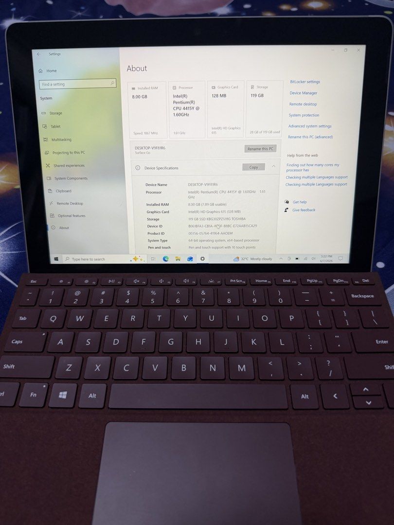 Microsoft Surface Go Pentium 4415Y 8GB RAM 119GB SSD