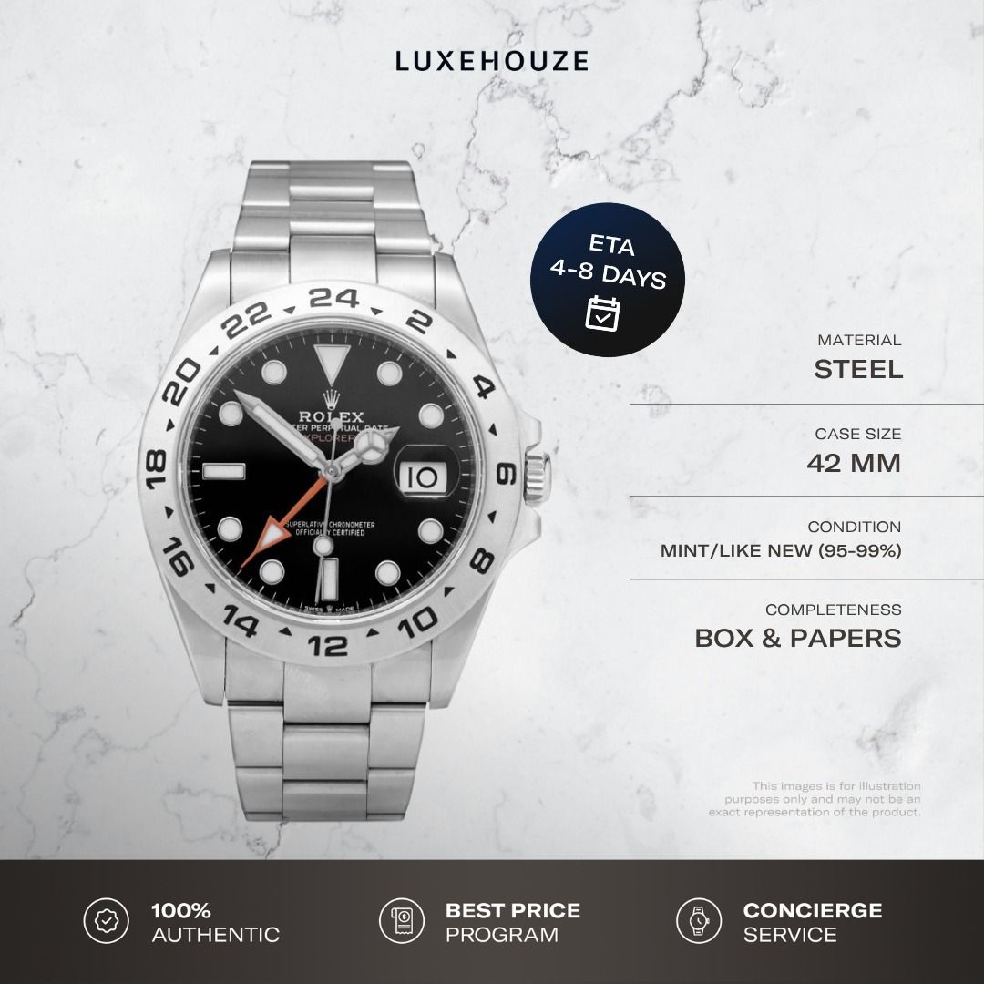 Mint Sep 2022 Rolex Explorer II 226570 Black Dial Oyster (Category: Watches) located in Singapore. Submitted by luxehouze (Listing ID 1442569306, Image 1). Description: Luxehouze is your trusted marketplace to buy and sell luxury goods. Luxehouze SG Pte Ltd is a licensed luxury goods marketplace and regulated dealer. WHY US? 100% Authentic with Money-Back Guarantee Best Price Program* Curated Collection * T&Cs apply. OUR SERVICES • Watch Purchase