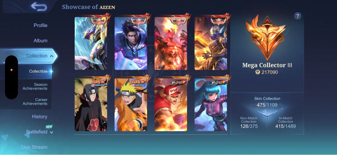 mlbb (Category: Game Gift Cards & Accounts) located in Singapore. Submitted by ahpuiii (Listing ID 1443041370, Image 3). Description: - Current Rank: Mythic Glory - Collector Status: Mega Collector III - Total Skins: 475 Willing to nego.