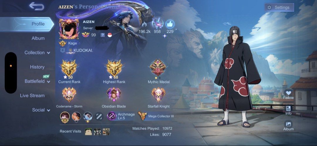 mlbb (Category: Game Gift Cards & Accounts) located in Singapore. Submitted by ahpuiii (Listing ID 1443041370, Image 1). Description: - Current Rank: Mythic Glory - Collector Status: Mega Collector III - Total Skins: 475 Willing to nego.
