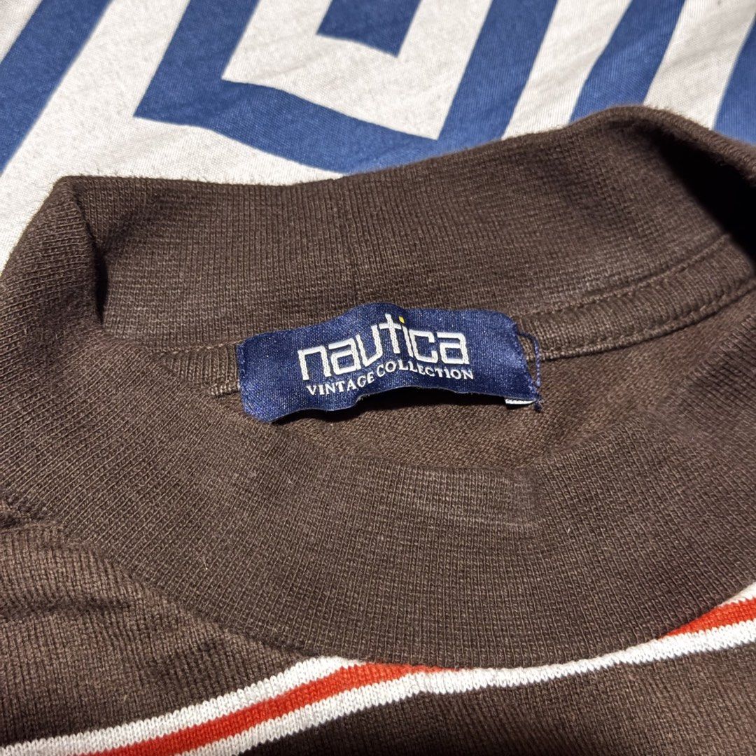 Nautica Vintage Collection Striped Tee (Category: Tshirts & Polo Shirts ) located in Paranaque City. Submitted by passiveaggressif (Listing ID 1443071865, Image 3). Description: - Vintage Nautica T-Shirt - Size: Medium (M) - Color: Brown with Orange & White Stripes - Material: Cotton & Polyester Blend - Branding: Nautica logo on chest - Collection: 'Vintage Collection' tag - Dims: Width: 24” Length: 31”.