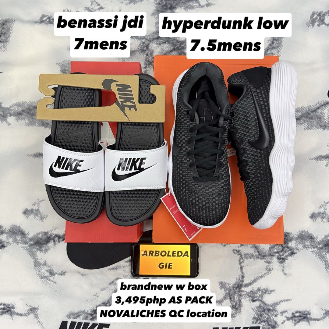 NIKE as pack (Category: Sneakers) located in Quezon City. Submitted by giearboleda (Listing ID 1442995585, Image 1). Description: nike benassi jdi - size 7mens nike hyperdunk low - size 7.5mens 3,495php AS PACK brandnew w box novaliches qc location.