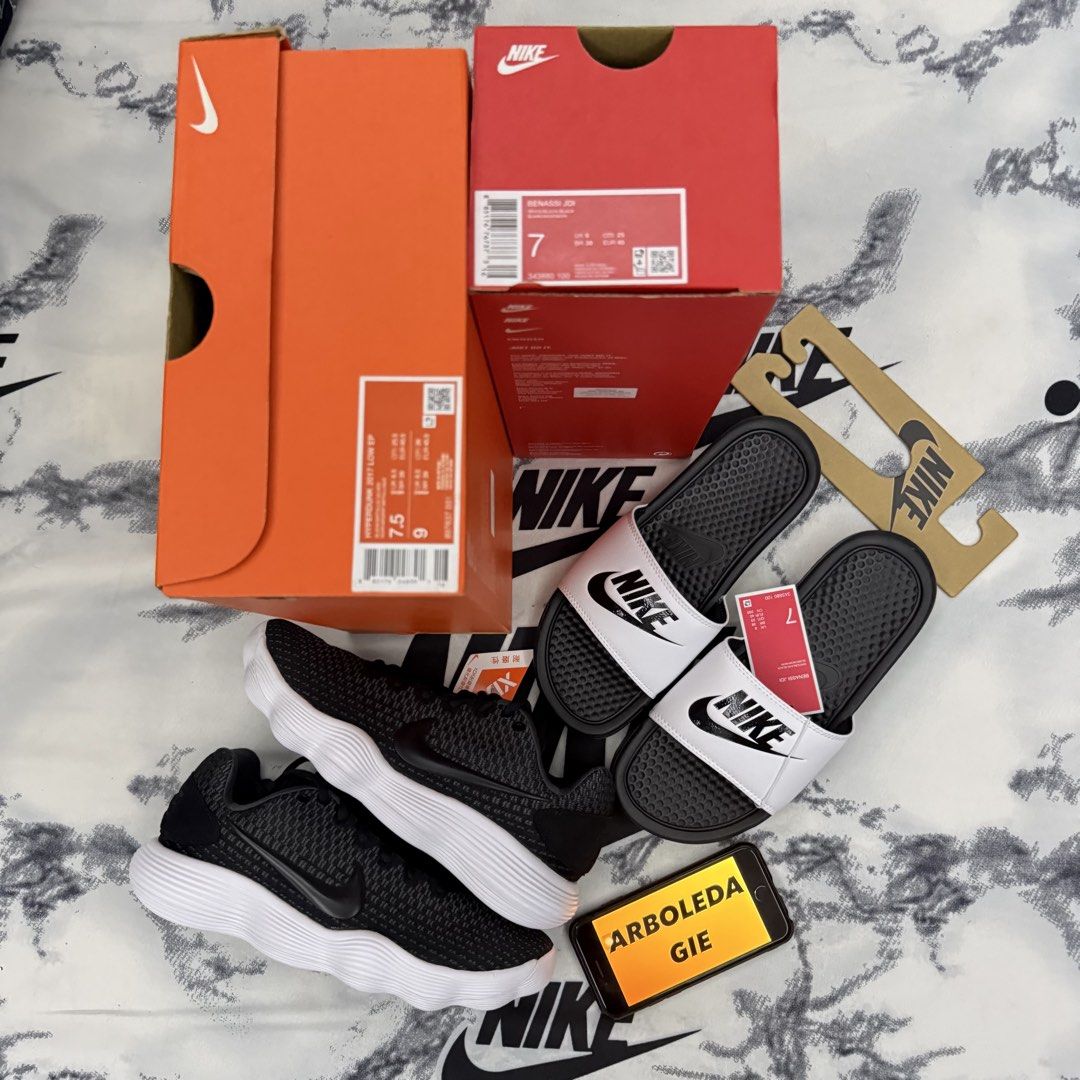NIKE as pack (Category: Sneakers) located in Quezon City. Submitted by giearboleda (Listing ID 1442995585, Image 2). Description: nike benassi jdi - size 7mens nike hyperdunk low - size 7.5mens 3,495php AS PACK brandnew w box novaliches qc location.