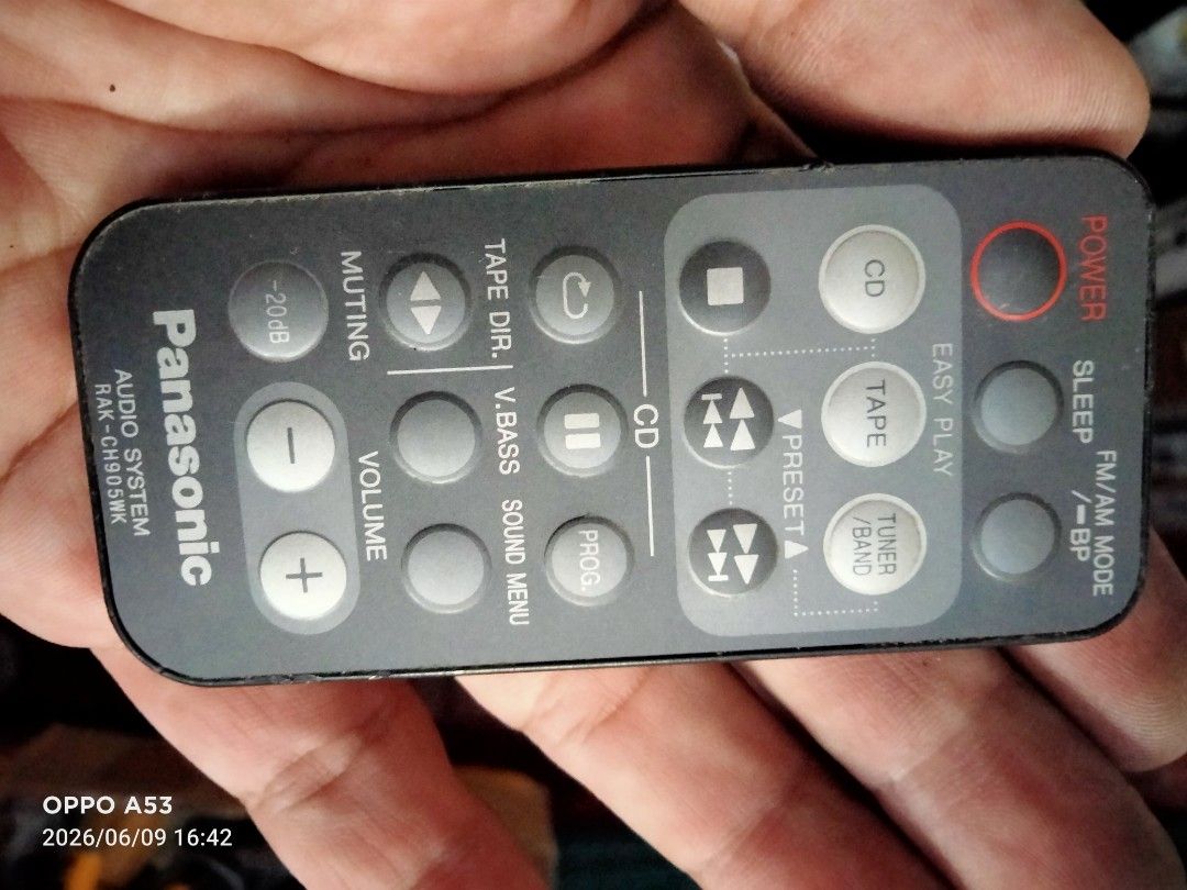 Panasonic Audio System Remote Control RAK-CH905WK (Category: Other Audio Equipment) located in Binan City. Submitted by rpute (Listing ID 1442986871, Image 1). Description: - Original Panasonic remote control for audio system - Model: RAK-CH905WK - Compatible with CD, Tape, and FM/AM Tuner - Features: Volume, Mute, Sleep functions - Battery type: CR2025 🚚 Delivery: Lalamove | J&T | LBC (Nationwide) 💳 Payment: GCash / Cash (payment first priorit