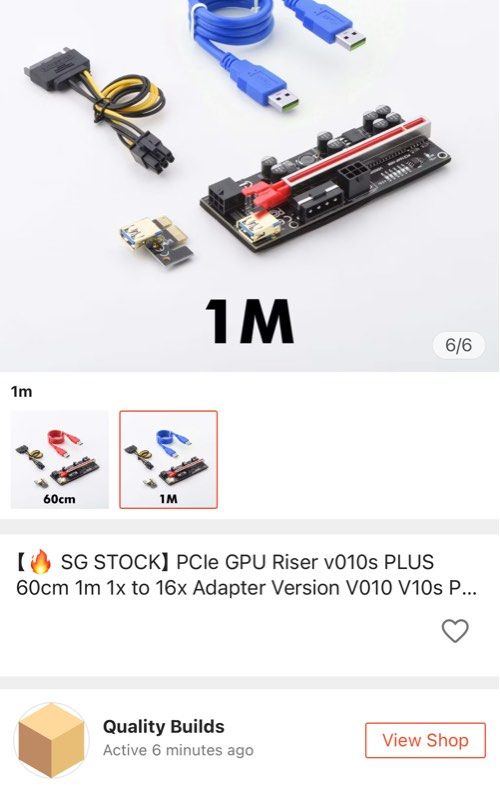 PCIe GPU Riser (Category: Computer Parts) located in Singapore. Submitted by Project.Springtail (Listing ID 1443050105, Image 2). Description: Bought 2022 at 9.99ea. Sell at $5ea Specification as per photos! Self collect 460111 Non refundable.
