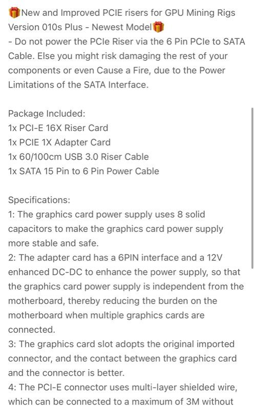 PCIe GPU Riser (Category: Computer Parts) located in Singapore. Submitted by Project.Springtail (Listing ID 1443050105, Image 3). Description: Bought 2022 at 9.99ea. Sell at $5ea Specification as per photos! Self collect 460111 Non refundable.