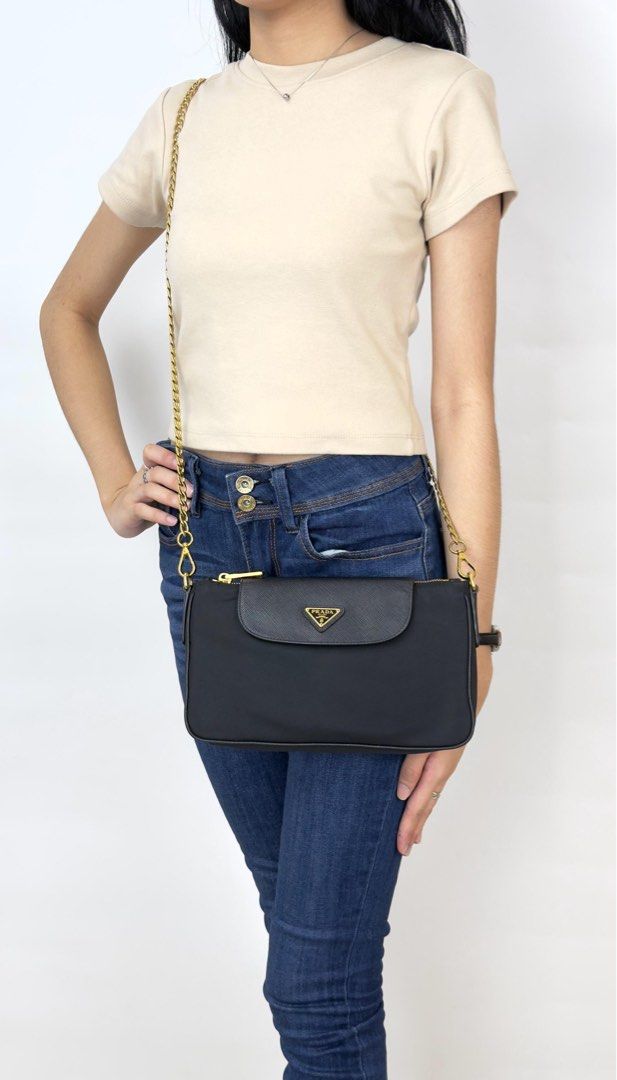 Prada Black Tessuto Nylon Saffiano Chain (Category: Luxury Bags & Wallets) located in Manila. Submitted by luxuryprelovedbagsby_by_agnes (Listing ID 1443071916, Image 3). Description: 95,000 SRP LIKE NEW CONDITION RFID / LATEST VERSION DIMENSIONS: 24.5cm x 14cm x5cm.
