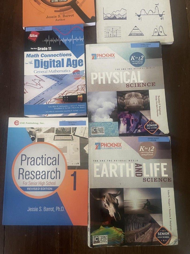 Senior High School Textbooks: Research, Math, Science, Statistics (Category: Textbooks) located in Quezon City. Submitted by declutter1990 (Listing ID 1442944285, Image 2). Description: Practical Research 1 & 2, Math Connections for Grade 11 600 each Statistics and Probability, Physical Science, Earth and Life Science.