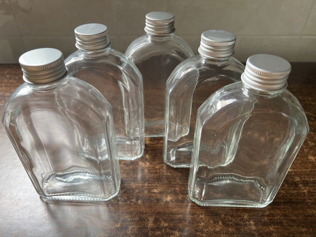 Set of 5 Small Clear Glass Flask Bottles with Silver Caps
