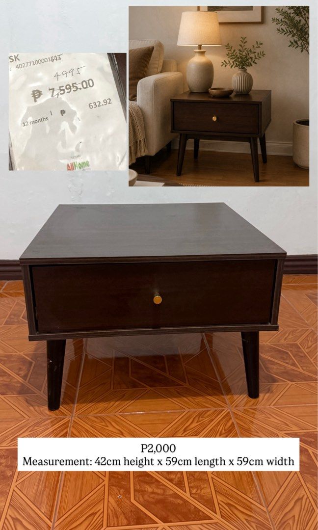 Side table (Category: Tables & Sets) located in Makati City. Submitted by curatedfindsbydei (Listing ID 1443063752, Image 2). Description: Mall pull-out furniture for sale! Please check the price and measurements on the second photo First come, first serve May show minor signs of showroom/display As is where is Pick up location: Pasig MOP: BPI.
