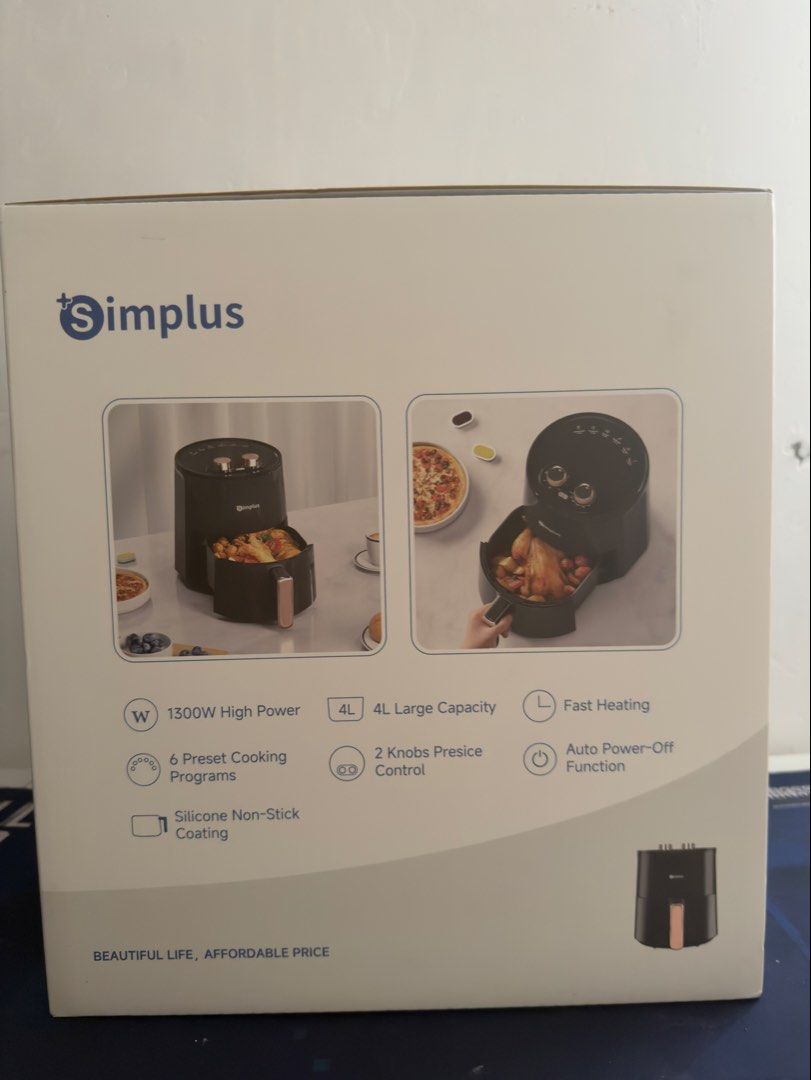 Simplus 4L Air Fryer 1300W (Category: Fryers) located in Trece Martires City. Submitted by raresen26 (Listing ID 1443005033, Image 2). Description: - Simplus 4L Air Fryer - Powerful 1300W for quick cooking - 360° heat circulation for even crispiness - 6 preset cooking programs for convenience - Dual knobs for precise temperature and time control - Non-stick silicone coating for easy cleanup - Auto power-off safety feature - Perfect for fast and h