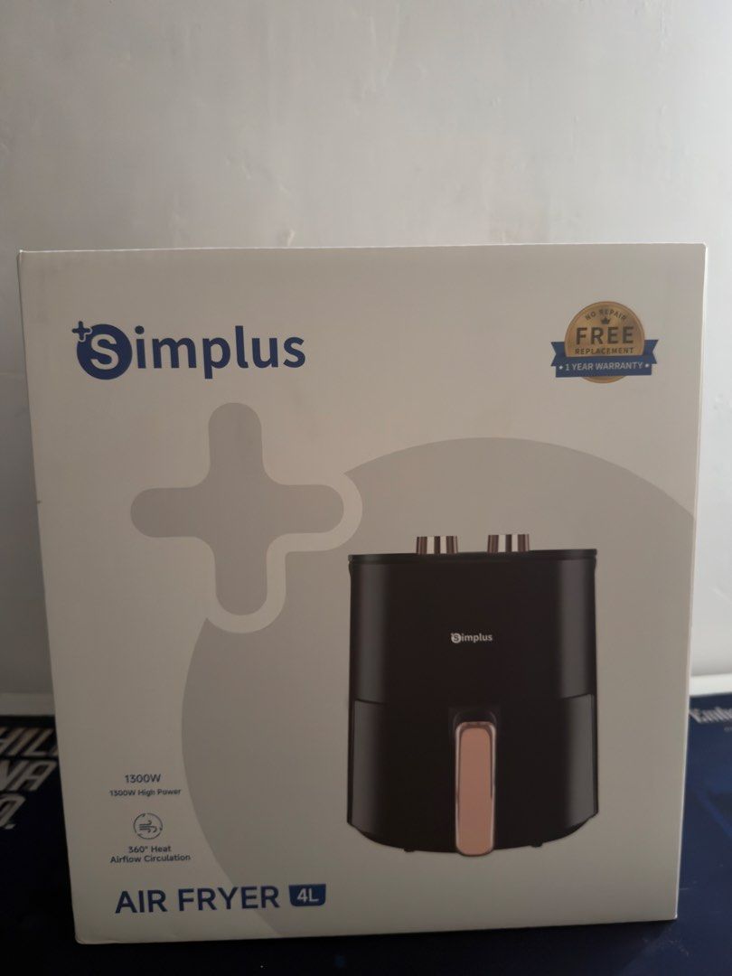 Simplus 4L Air Fryer 1300W (Category: Fryers) located in Trece Martires City. Submitted by raresen26 (Listing ID 1443005033, Image 1). Description: - Simplus 4L Air Fryer - Powerful 1300W for quick cooking - 360° heat circulation for even crispiness - 6 preset cooking programs for convenience - Dual knobs for precise temperature and time control - Non-stick silicone coating for easy cleanup - Auto power-off safety feature - Perfect for fast and h