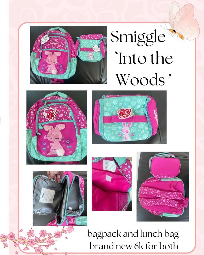 Smiggle Into the Woods Backpack and Lunch Bag Set (Category: Babies & Kids Fashion) located in Mandaluyong City. Submitted by user4759642 (Listing ID 1443077955, Image 1). Description: - Brand new Smiggle 'Into the Woods' collection set - Includes backpack and matching lunch bag - Adorable bunny design - Color scheme: Pink and Teal - Ideal for school, daycare, or activities.