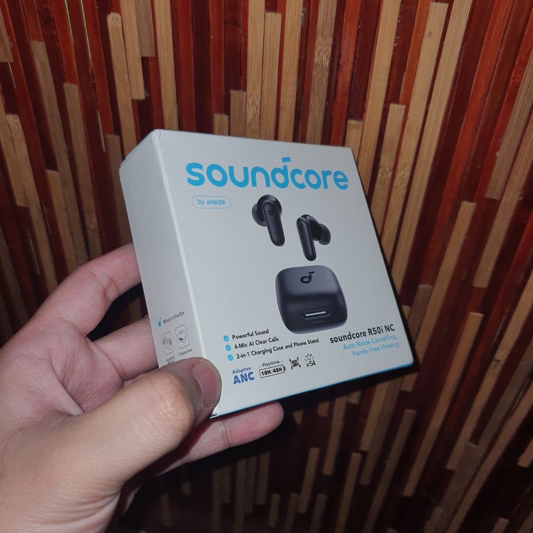 Soundcore R50i NC by Anker True Wireless Earbuds (Category: Earphones) located in Pasig City. Submitted by mr.bargaindeal (Listing ID 1443066842, Image 2). Description: - Soundcore R50i NC Earbuds by Anker - Adaptive Active Noise Cancellation (ANC) for immersive listening - 4-Microphone AI for crystal-clear calls - Extended playtime: 10 hours on a single charge, 24 hours with the charging case - IP54 water and dust resistance for durability - Pow