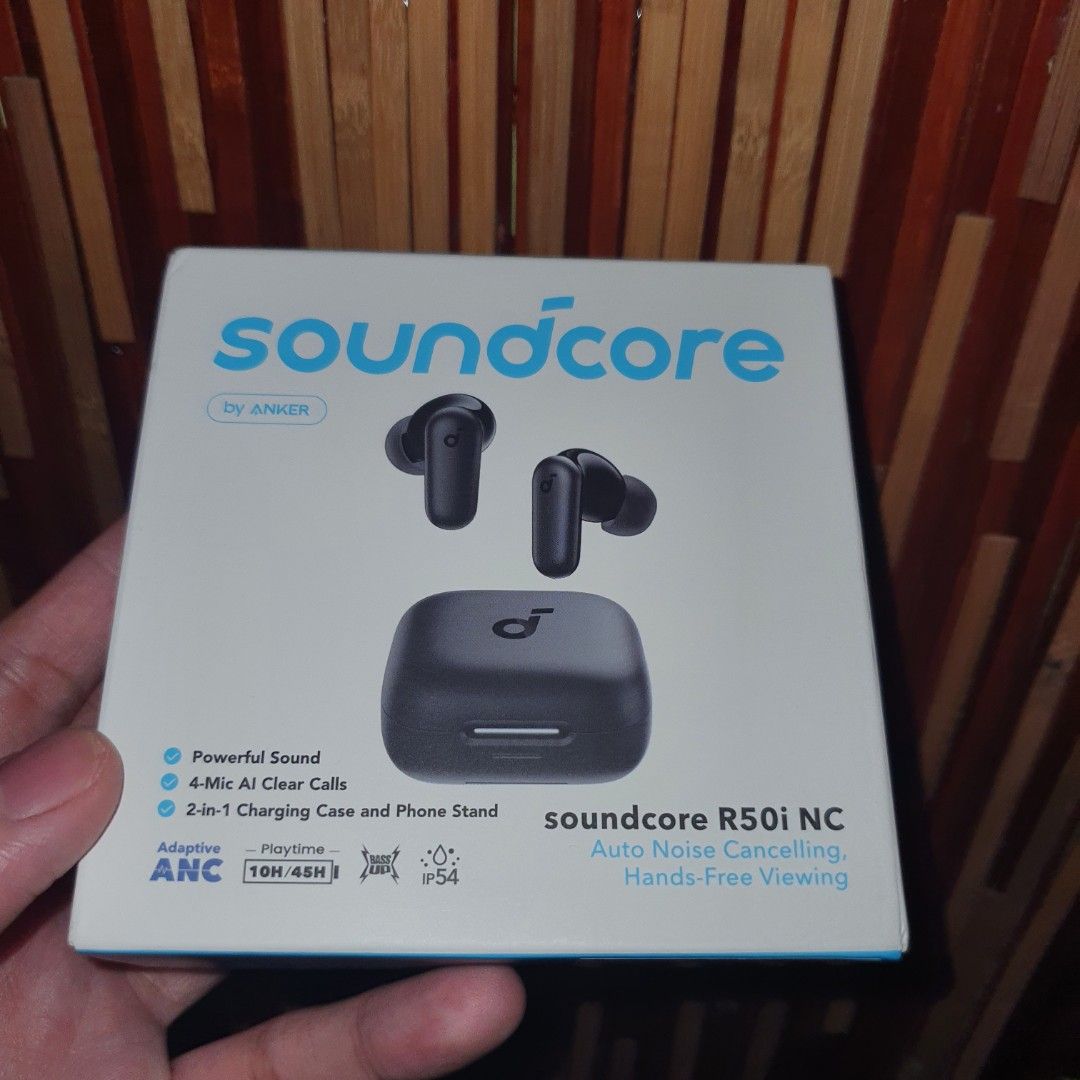 Soundcore R50i NC by Anker True Wireless Earbuds (Category: Earphones) located in Pasig City. Submitted by mr.bargaindeal (Listing ID 1443066842, Image 1). Description: - Soundcore R50i NC Earbuds by Anker - Adaptive Active Noise Cancellation (ANC) for immersive listening - 4-Microphone AI for crystal-clear calls - Extended playtime: 10 hours on a single charge, 24 hours with the charging case - IP54 water and dust resistance for durability - Pow