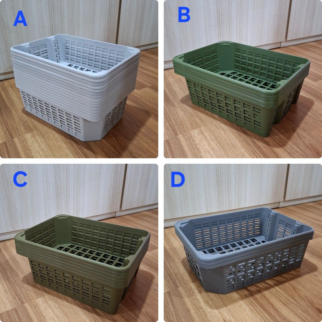 Stackable Storage Basket (Category: Storage Boxes & Baskets) located in Singapore. Submitted by thehouseholdmonkey (Listing ID 1442859027, Image 2). Description: *Size: 40 x 29 x 13 cm *A: Light Grey B: Bright Army Green C: Dark Army Green D:Dark Grey *Meet at Sembawang MRT only. *Cash on delivery only..