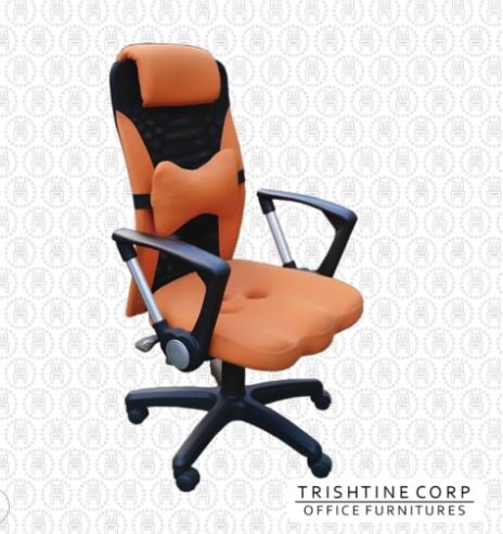 TEX-105 | Mesh-Fabric Combination Office Chair (Category: Office Furniture & Fixtures) located in Caloocan City. Submitted by jimtapitan_trishtinecorp. (Listing ID 1442999577, Image 1). Description: - Orange ergonomic office chair - Features headrest and lumbar support pillow - Breathable mesh back for comfort - Adjustable armrests and height - Swivels and rolls smoothly - Ideal for your workspace - Brand: Trishtine Corp Office Furnitures DISCLAI