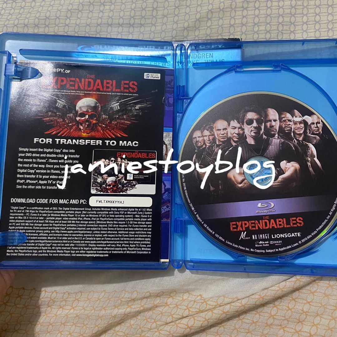 The Expendables Blu-ray + DVD + Digital Copy (Category: CDs & DVDs) located in Quezon City. Submitted by ohitsninja (Listing ID 1443057160, Image 3). Description: - The Expendables movie on Blu-ray, DVD, and Digital Copy. - Starring Sylvester Stallone, Jason Statham, Jet Li, and Dolph Lundgren. - Packed with non-stop action. - Includes the original slipcover. - A must-have for fans of action movies. As is Pay by Gcash Delivery shouldered by buyer
