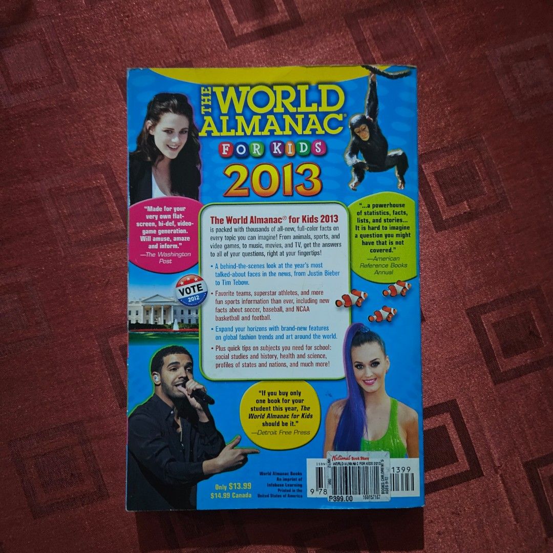 The World Almanac for Kids 2013 (Category: Children's Books) located in Manila. Submitted by trishakatrine (Listing ID 1443089482, Image 2). Description: - great for learning/teaching ur kids fun facts and trivia! - good condition -only flaw is the the upper right corner of the front cover has a tiny dog ear fold 💌 pm for inquiries :) 📍quiapo manila 💰 gcash/maribank.